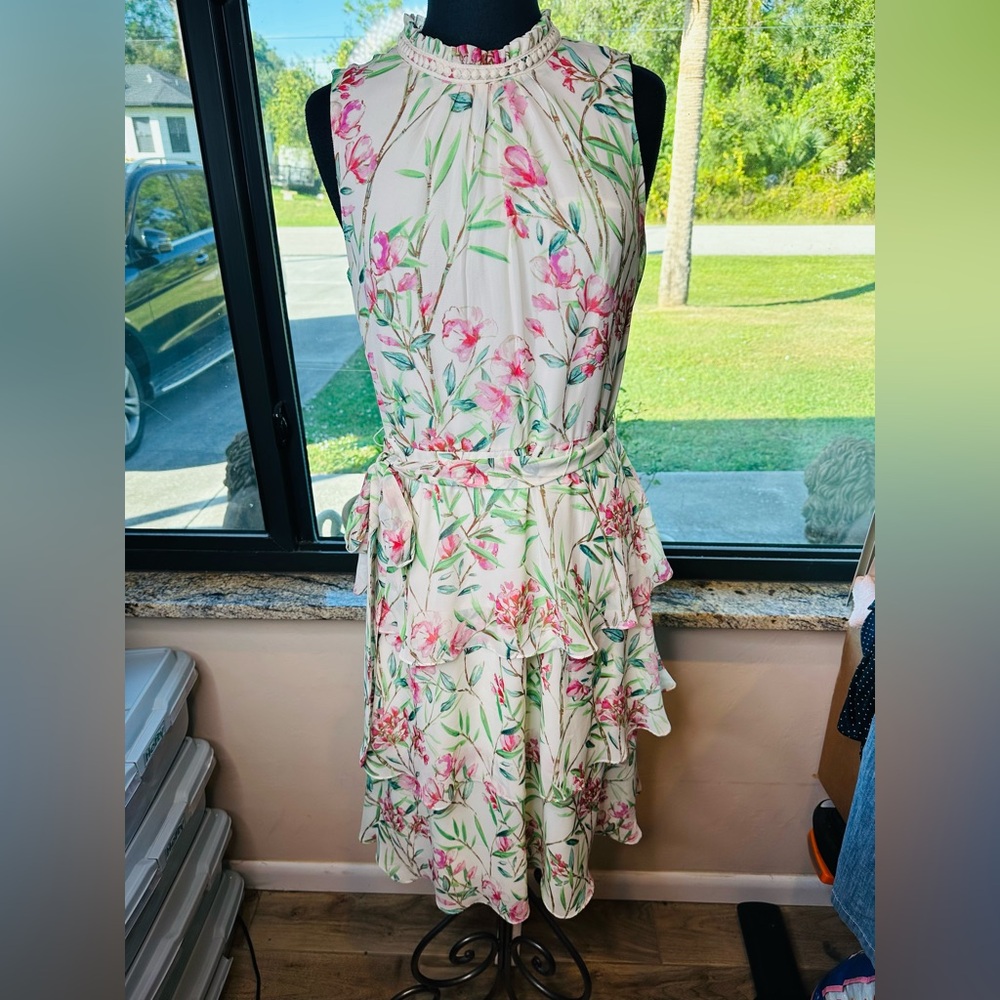 Jessica Howard Sleeveless Cream Pink Floral Chiffon Tiered Midi Dress Size 10